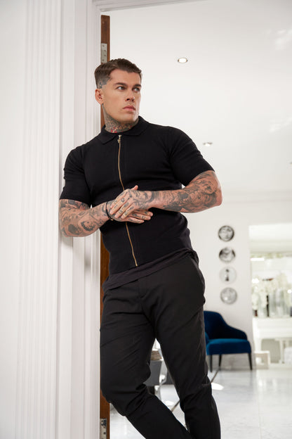 Stylish Black Short Sleeve Zip-Up Knit Sweater with Classic Textured Design - Father Sons Collection - FSN151