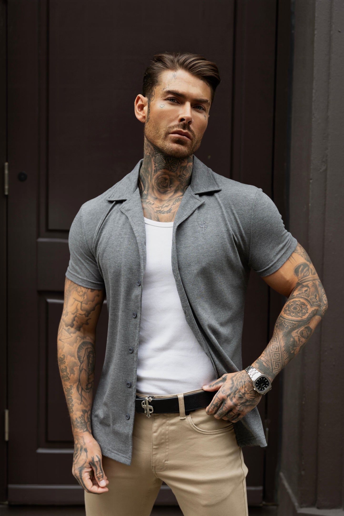 Elevate Your Style with the Father Sons Stretch Dark Grey Pique Revere Short Sleeve Shirt - FSH1073