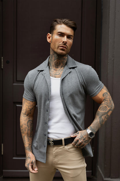 Elevate Your Style with the Father Sons Stretch Dark Grey Pique Revere Short Sleeve Shirt - FSH1073