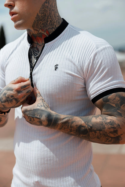 Elevate Your Style with the Father Sons Classic Ribbed Zip Grandad Collar Shirt in Crisp White/Black - Short Sleeve FSH815