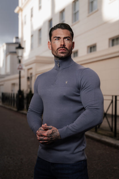 Stylish Gunmetal Grey Funnel Neck Half-Zip Knitted Sweater by Father Sons - FSN120