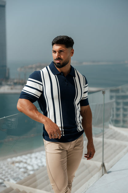 Elevate Your Style with Our Classic Navy & Off White Knitted Vertical Stripe Polo - Short Sleeve - FSN105