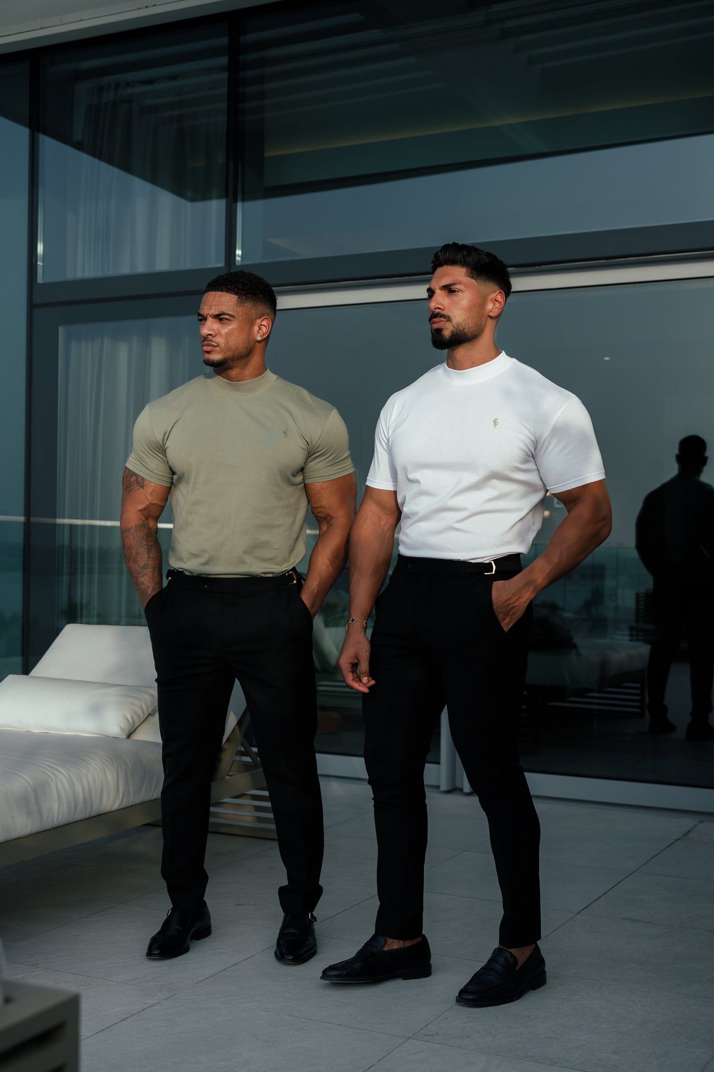 Stylish Olive Ribbed High Neck Crew Short Sleeve Top for Father Sons - FSH1010