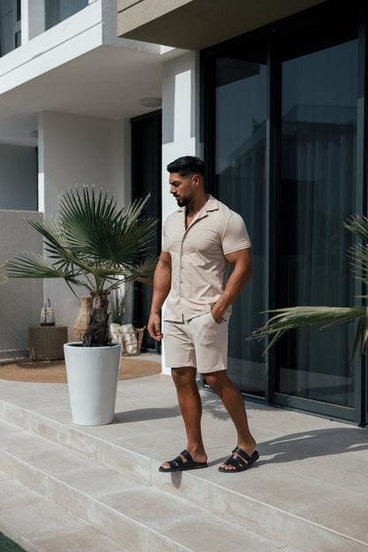 Elevate Your Style with the Father Sons Stretch Beige & Gold Short Sleeve Revere Shirt - FSH1075