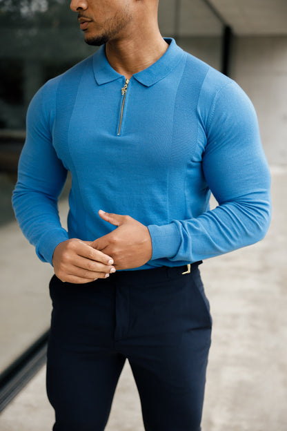 Elegant Mid Blue & Gold Long Sleeve Zip Knit Polo Shirt for Men - FSN129 by Father Sons