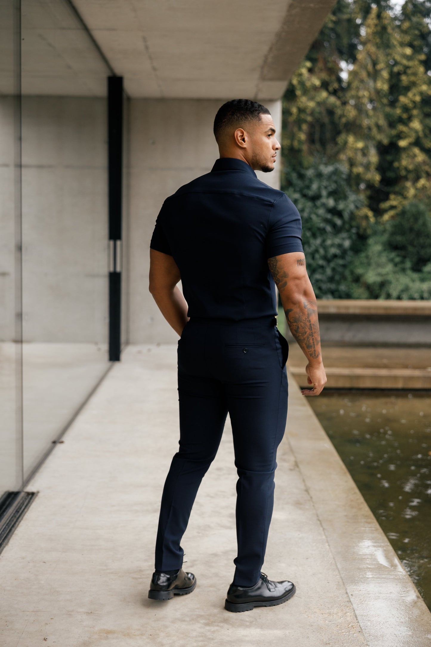 Elevate Your Style with Father Sons Super Slim Navy Scuba Short Sleeve Stretch Shirt - FS832