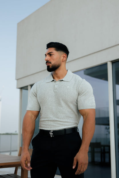Elevate Your Wardrobe with the Father Sons Classic Light Grey Knitted Polo – Short Sleeve Style (FSN110)
