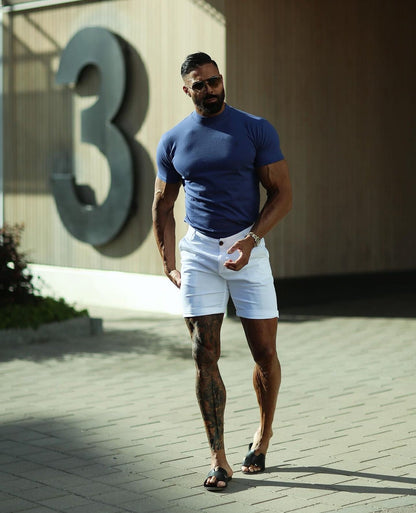 Elevate Your Style with the Father Sons Light Navy Ribbed High Neck Short Sleeve Crew - FSH1009
