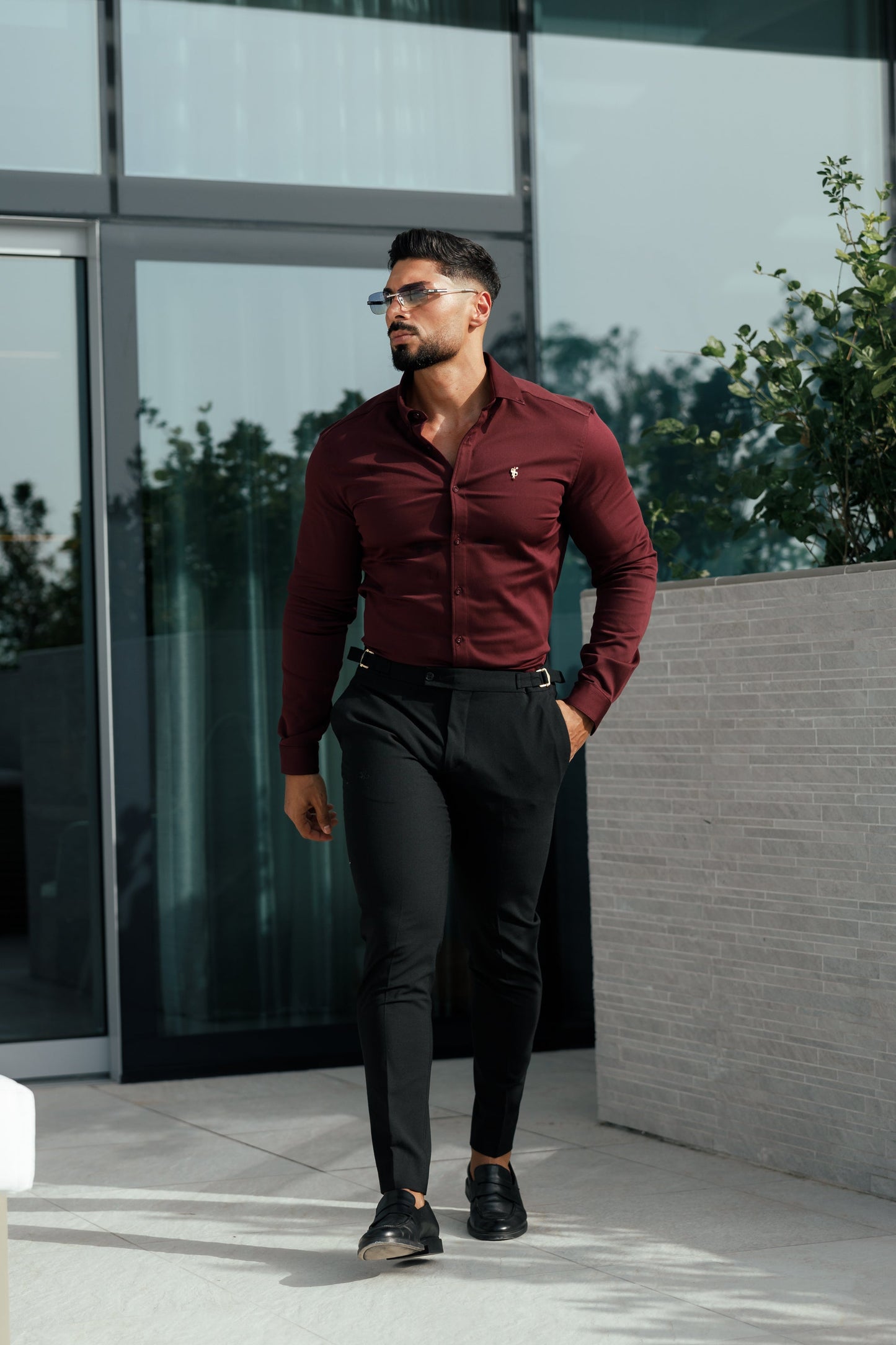 Father Sons Burgundy Super Slim Stretch Denim Shirt with Gold Accents and Button-down Collar - FS1046