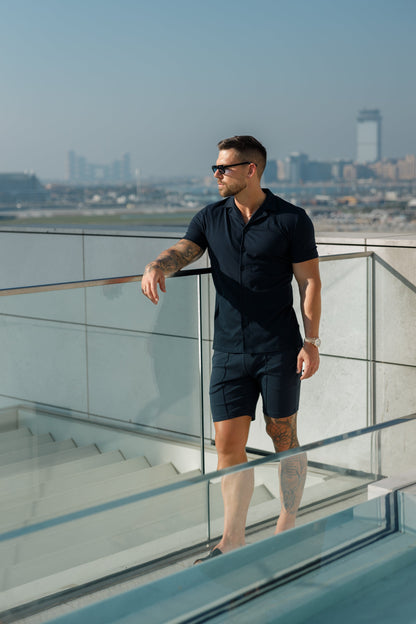 Elevate Your Style with the Father Sons Short Sleeve Navy Stretch Pique Revere Shirt - FSH1069