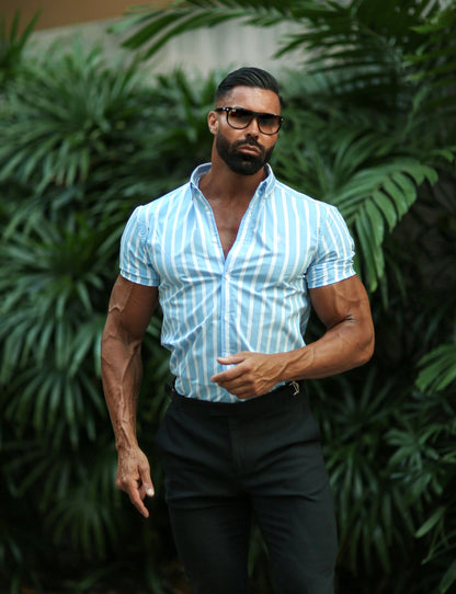 Father Sons Classic Light Blue & White Woven Stripe Short Sleeve Deckchair Shirt - FS976