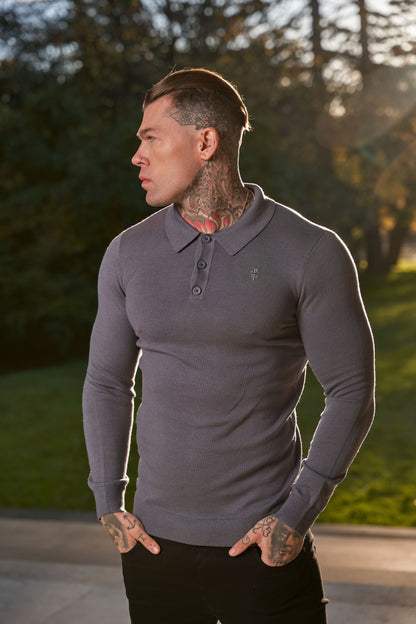 Father Sons Stylish Gunmetal Knitted Long Sleeve Polo Jumper with Subtle Tonal FS Embroidery - FSN141