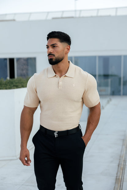 Elevate Your Wardrobe with the Father Sons Classic Beige Knitted Polo - Short Sleeve Style - FSN111