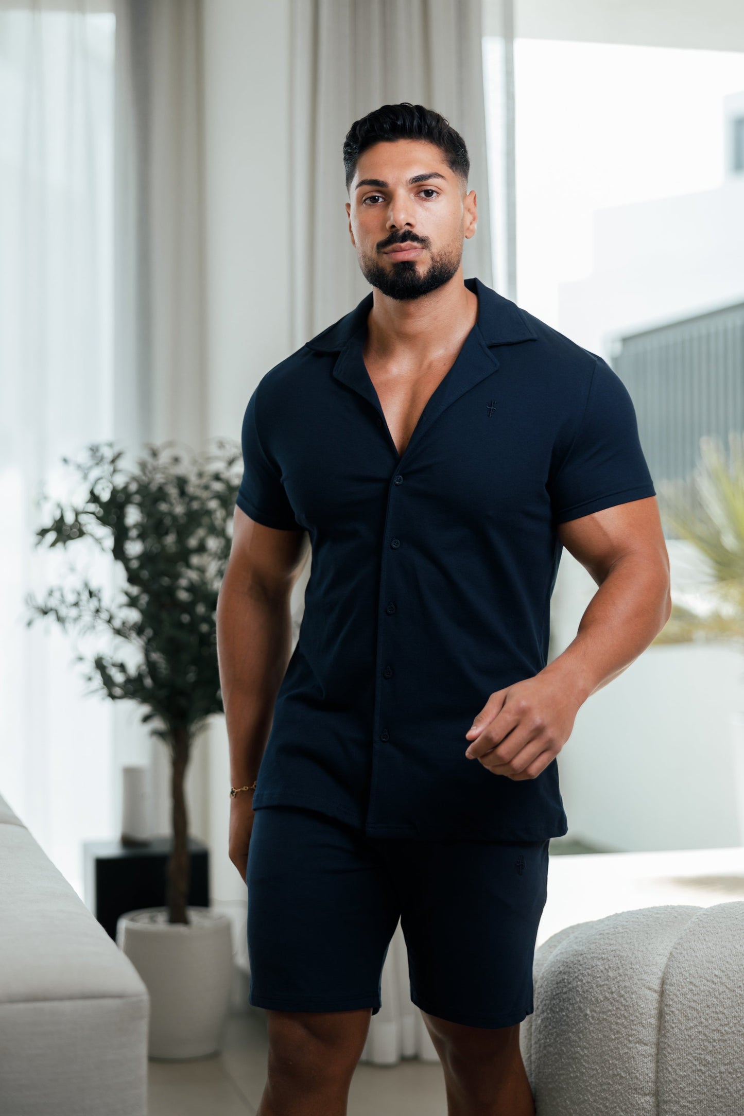 Elevate Your Style with the Father Sons Short Sleeve Navy Stretch Pique Revere Shirt - FSH1069