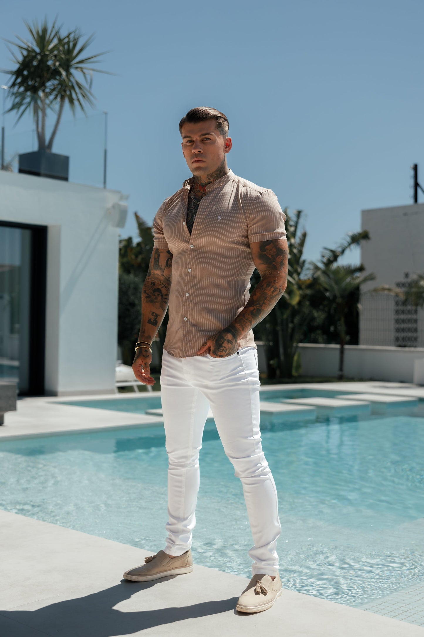 Elevate Your Style with Father Sons Slim Fit Stretch White Sateen Trousers - FSH529