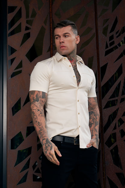 Elevate Your Style: Father Sons Super Slim Fit Cream Stretch Denim Short Sleeve Shirt with Trendy Horizontal Seam and Pocket - FS955