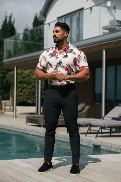 Chic Floral Print Button-Down Shirt in Classic Stretch - White/Rust - FS1106