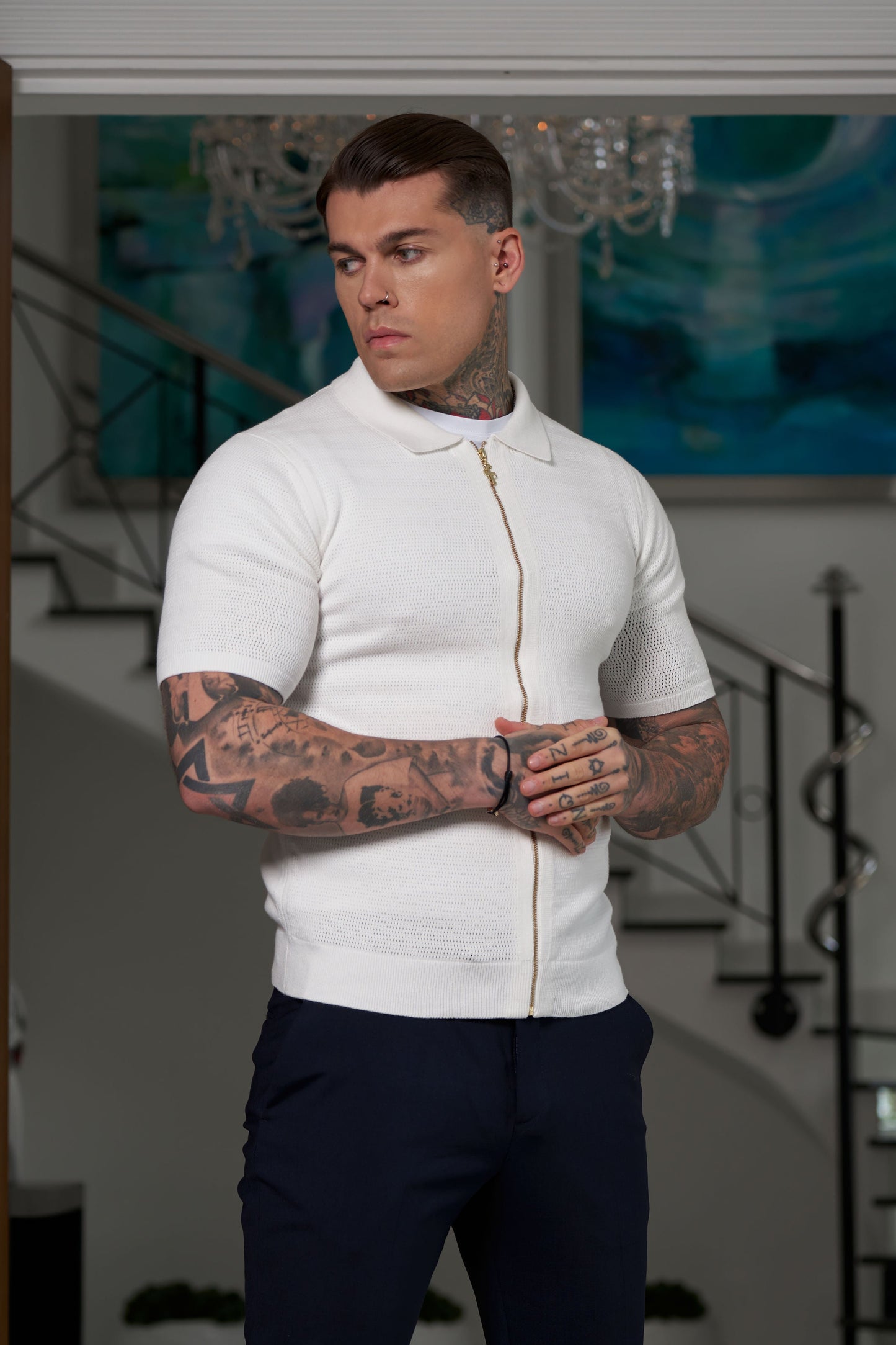 Elevate Your Style with the Father Sons Classic Knitted Textured Zip Sweater in Off White - Short Sleeve FSN152