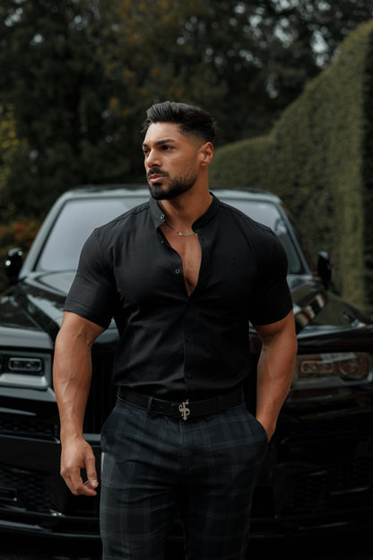 Elevate Your Style with the Father Sons Super Slim Stretch Oxford Shirt - All Black Grandad Collar, Short Sleeve - FS582