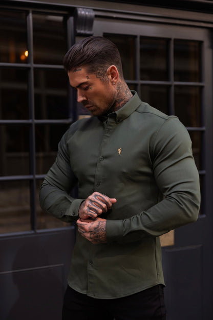Elevate Your Style with Father Sons Super Slim Stretch Khaki Denim Long Sleeve Shirt Featuring Gold Metal Accent and Button Down Collar - FS1044