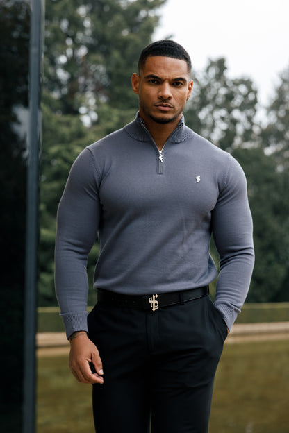 Stylish Gunmetal Grey Funnel Neck Half-Zip Knitted Sweater by Father Sons - FSN120
