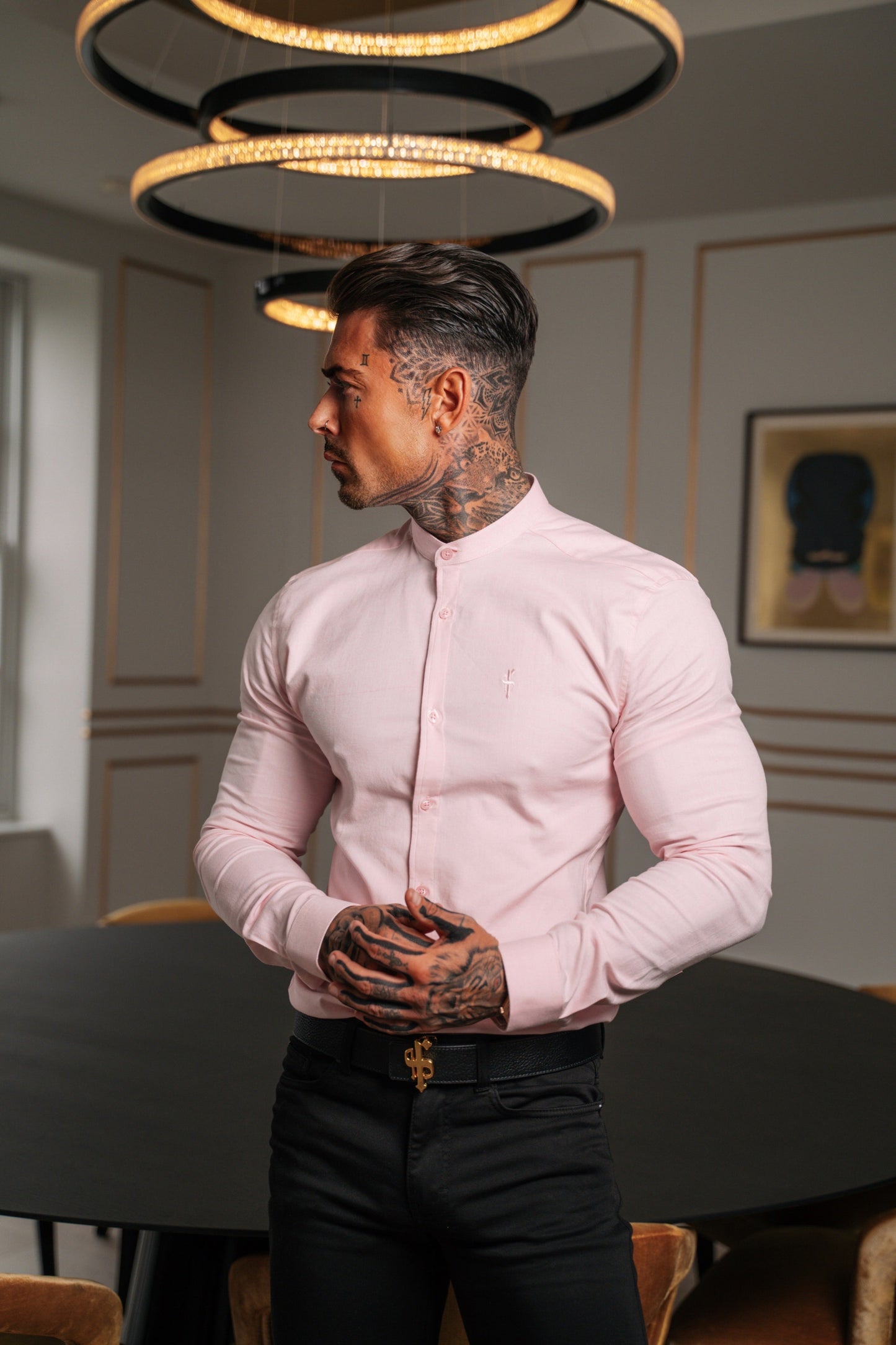 Elevate Your Style: Father Sons Super Slim Stretch Pink Oxford Shirt with Grandad Collar - FS952