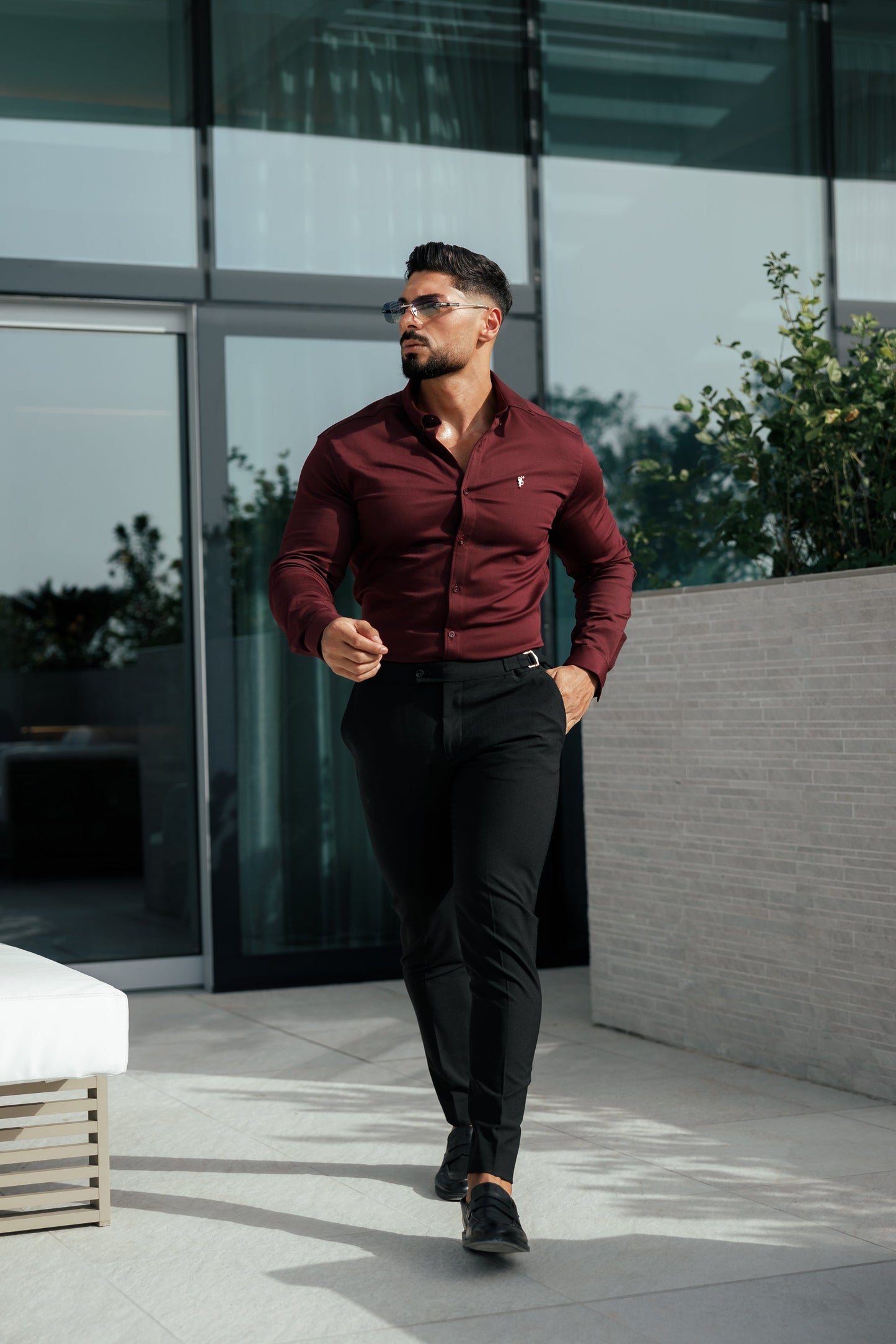 Father Sons Burgundy Super Slim Stretch Denim Shirt with Gold Accents and Button-down Collar - FS1046