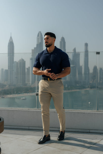 Elegant Navy Knitted Polo Shirt for Men - Short Sleeve Classic by Father Sons - FSN109