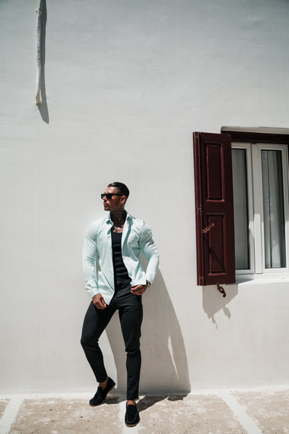 Stylish Mint Long Sleeve Slim Sateen Shirt for Dads by Father Sons - FS967