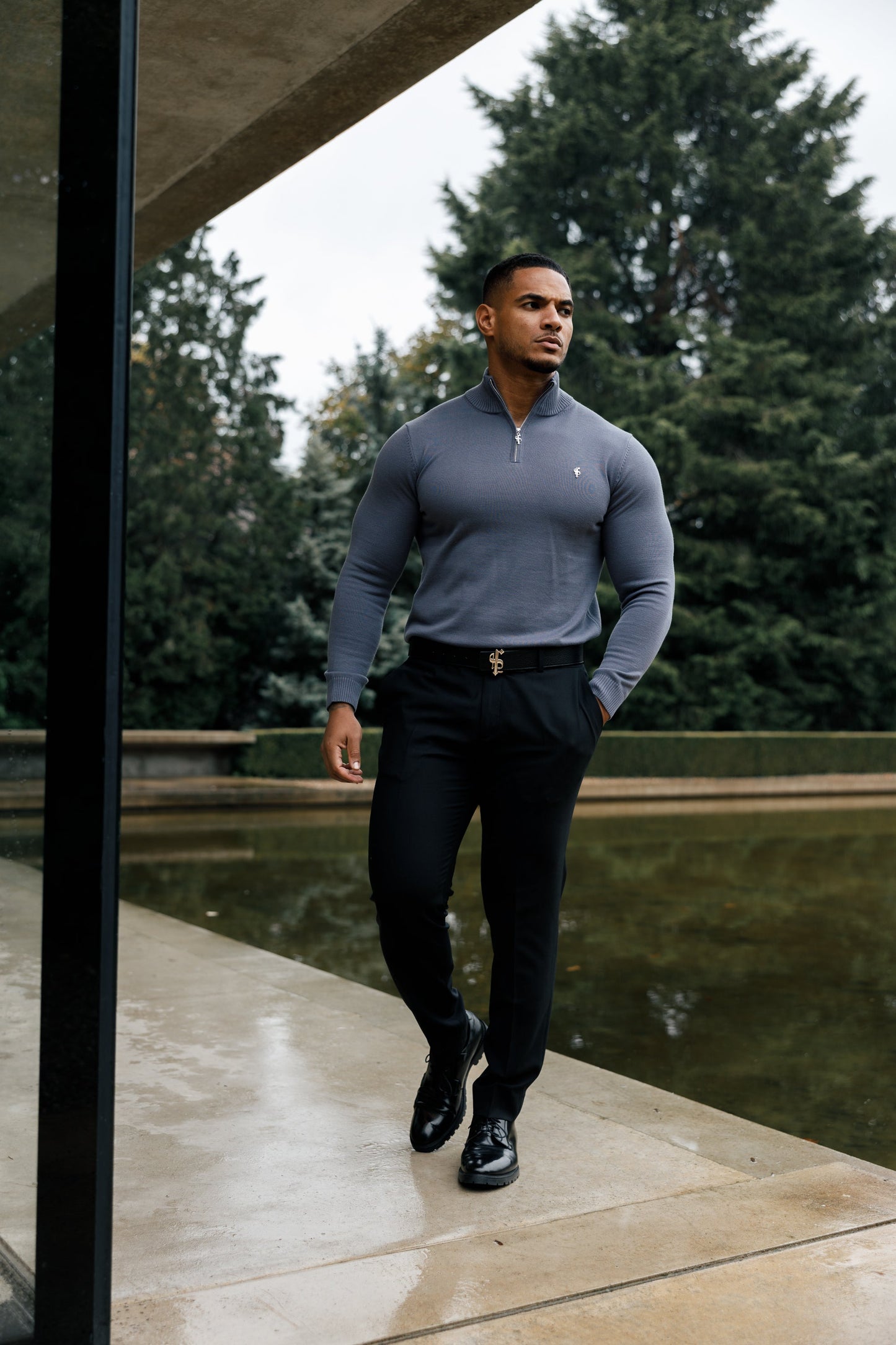 Stylish Gunmetal Grey Funnel Neck Half-Zip Knitted Sweater by Father Sons - FSN120