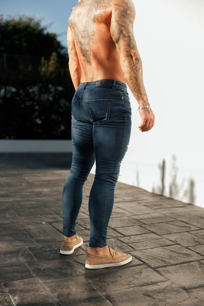 Father Sons Ultra Comfortable Mid Blue Slim Fit Jeans with Stylish Distressed Rips - FSJEAN013