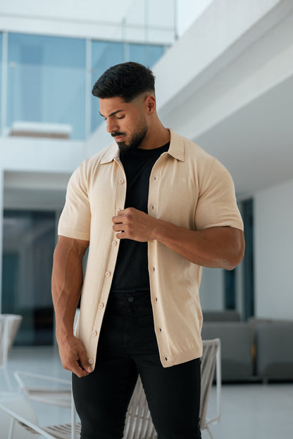 Elevate Your Style with the Father Sons Classic Beige Knitted Short Sleeve Polo – FSN104