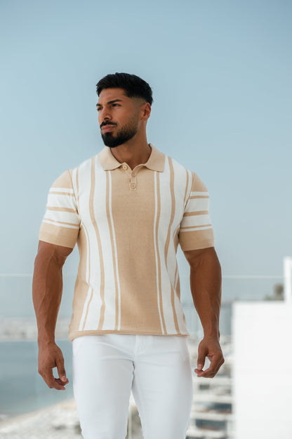 Elevate Your Wardrobe with the Father Sons Chic Beige & Off-White Vertical Stripe Knitted Polo - Short Sleeve Style!