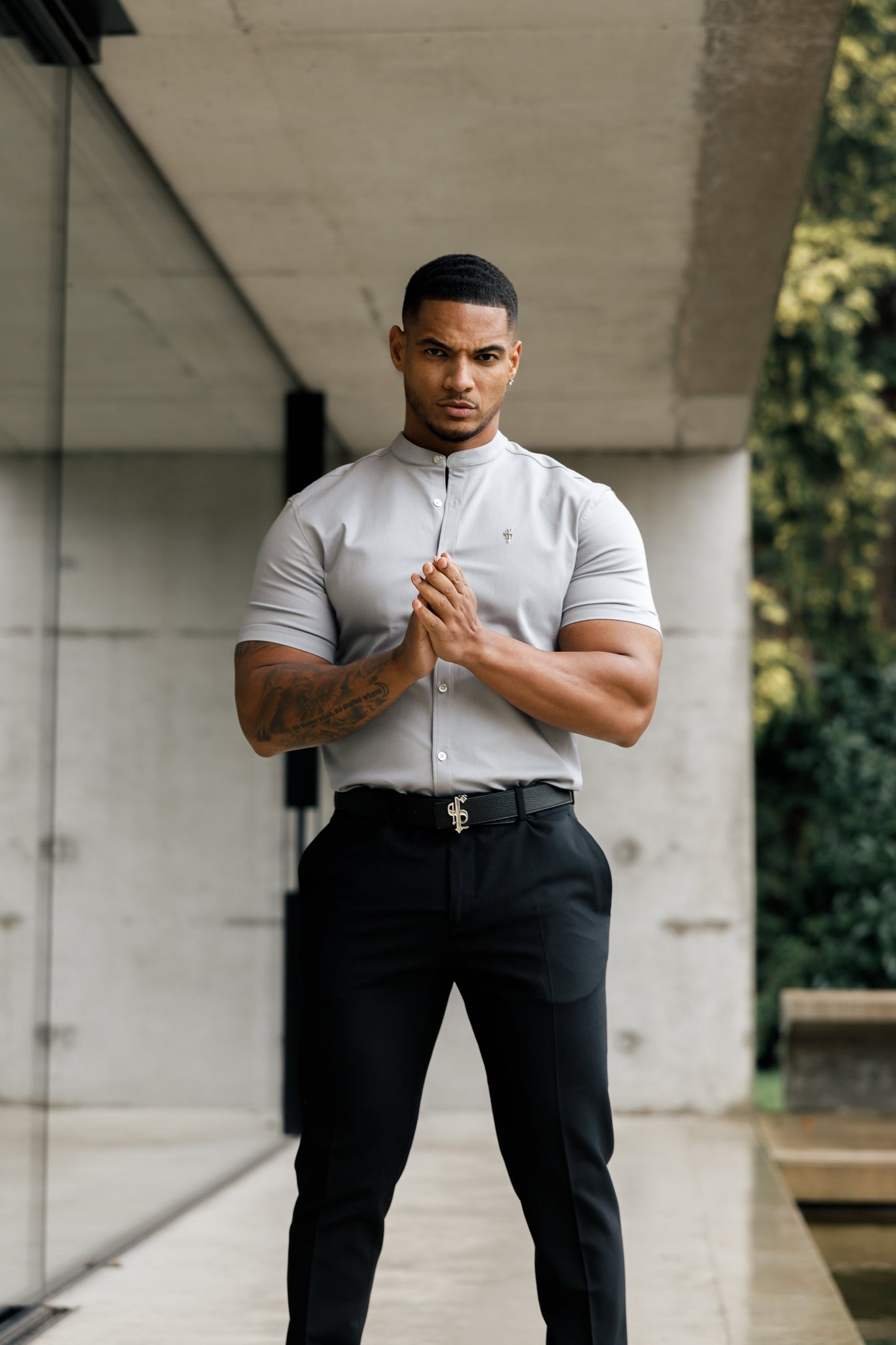 Elevate Your Wardrobe with Father Sons Super Slim Stretch Grey Denim Short Sleeve Shirt Featuring a Stylish Grandad Collar, Sleek Silver Metal Buttons, and Eye-Catching Decal - FS963