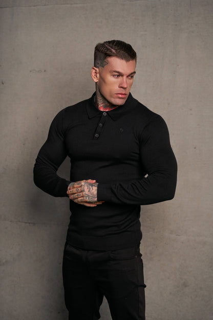 Timeless Elegance: Classic Black Long Sleeve Knitted Polo Jumper for Men with Subtle Tonal FS Embroidery - FSN139
