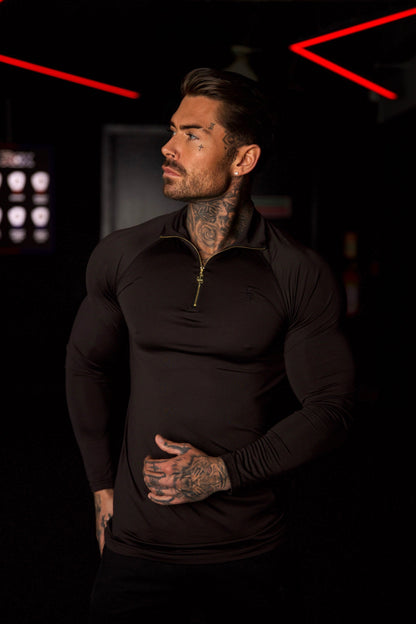 Elevate Your Workout with the Father Sons Solid Black and Gold Half Zip Long Sleeve Gym Top - FSH887