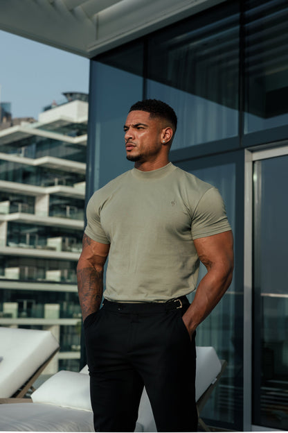 Stylish Olive Ribbed High Neck Crew Short Sleeve Top for Father Sons - FSH1010