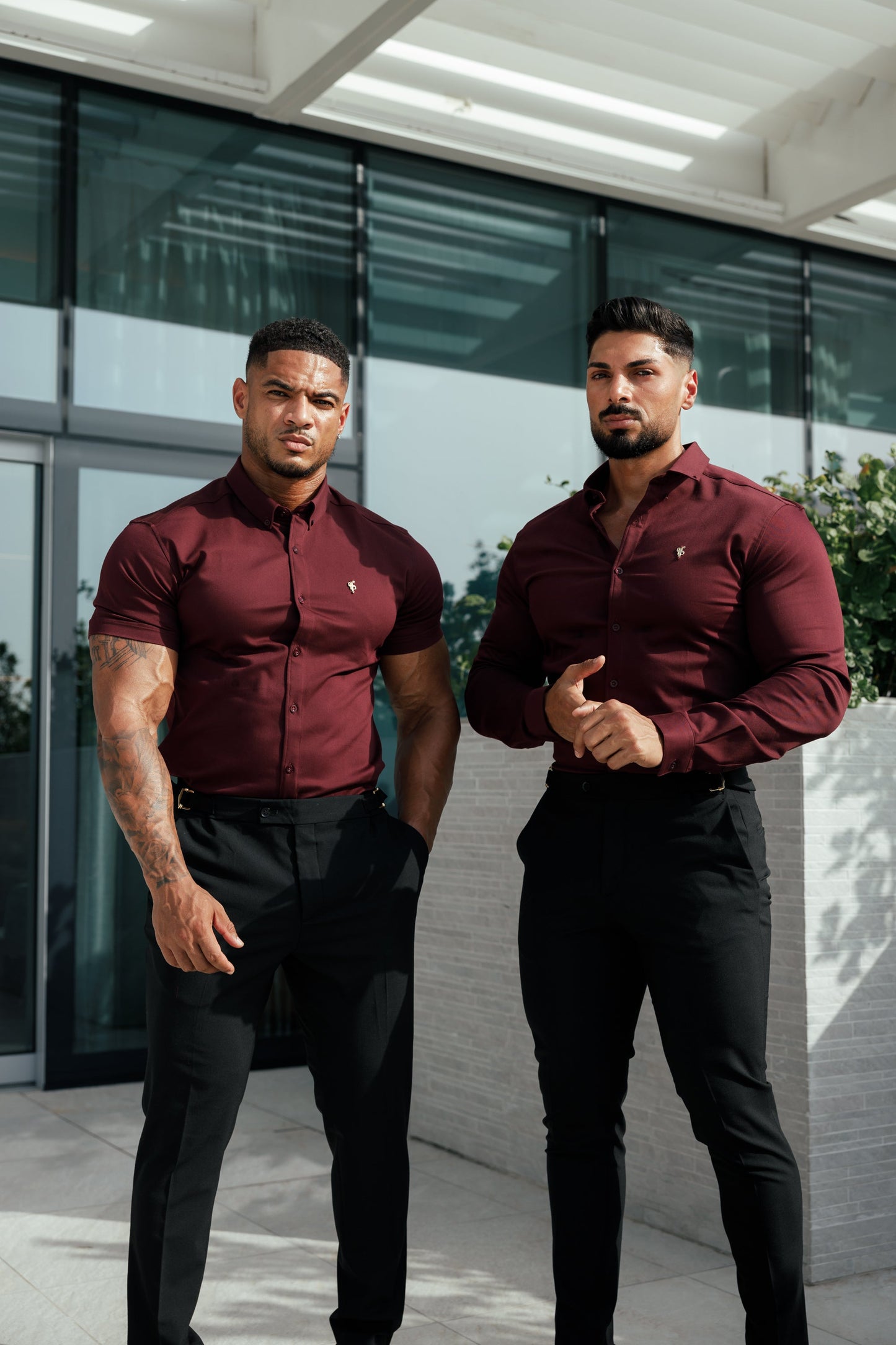 Father Sons Burgundy Super Slim Stretch Denim Shirt with Gold Accents and Button-down Collar - FS1046