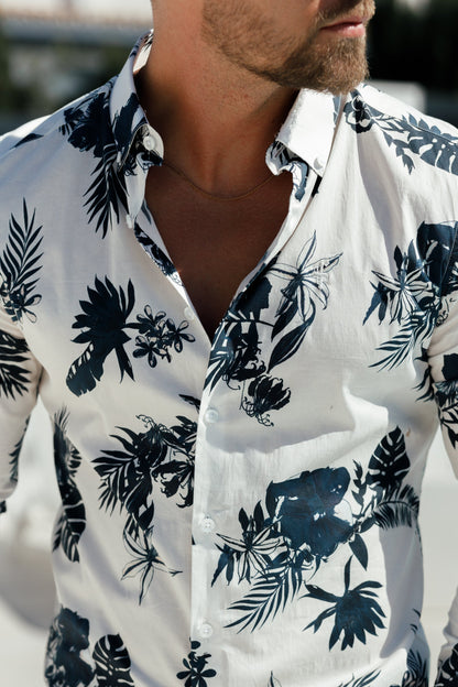 Essential Stretch Long Sleeve Button-Down Shirt in White with Ink Print - FS1100