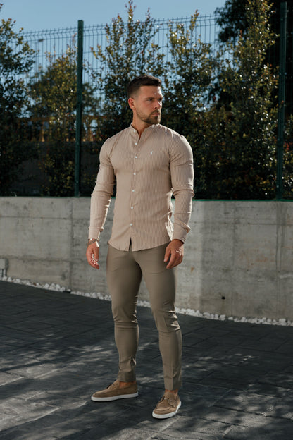 Elevate Your Style: Father Sons Super Slim Fit Taupe Pinstripe Long Sleeve Shirt with Grandad Collar - FS1057