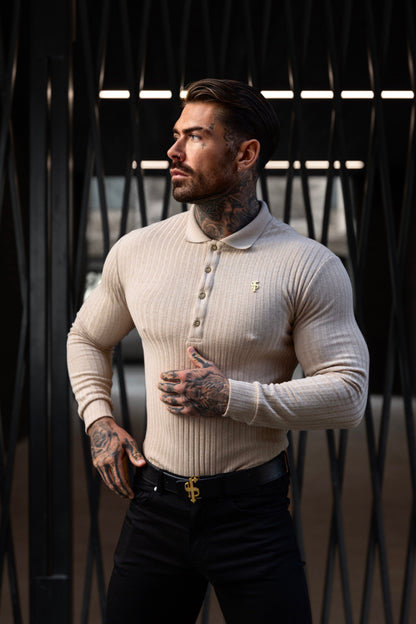 Elevate Your Style with the Father Sons Classic Beige Ribbed Long Sleeve Polo Shirt Featuring a Chic Gold Decal - FSH969