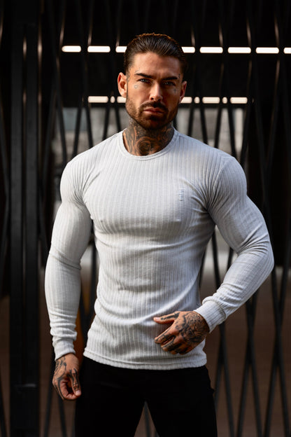 Elevate Your Wardrobe with the Father Sons Light Grey Ribbed Knit Jumper – Featuring Elegant Tonal Embroidery - FSH948
