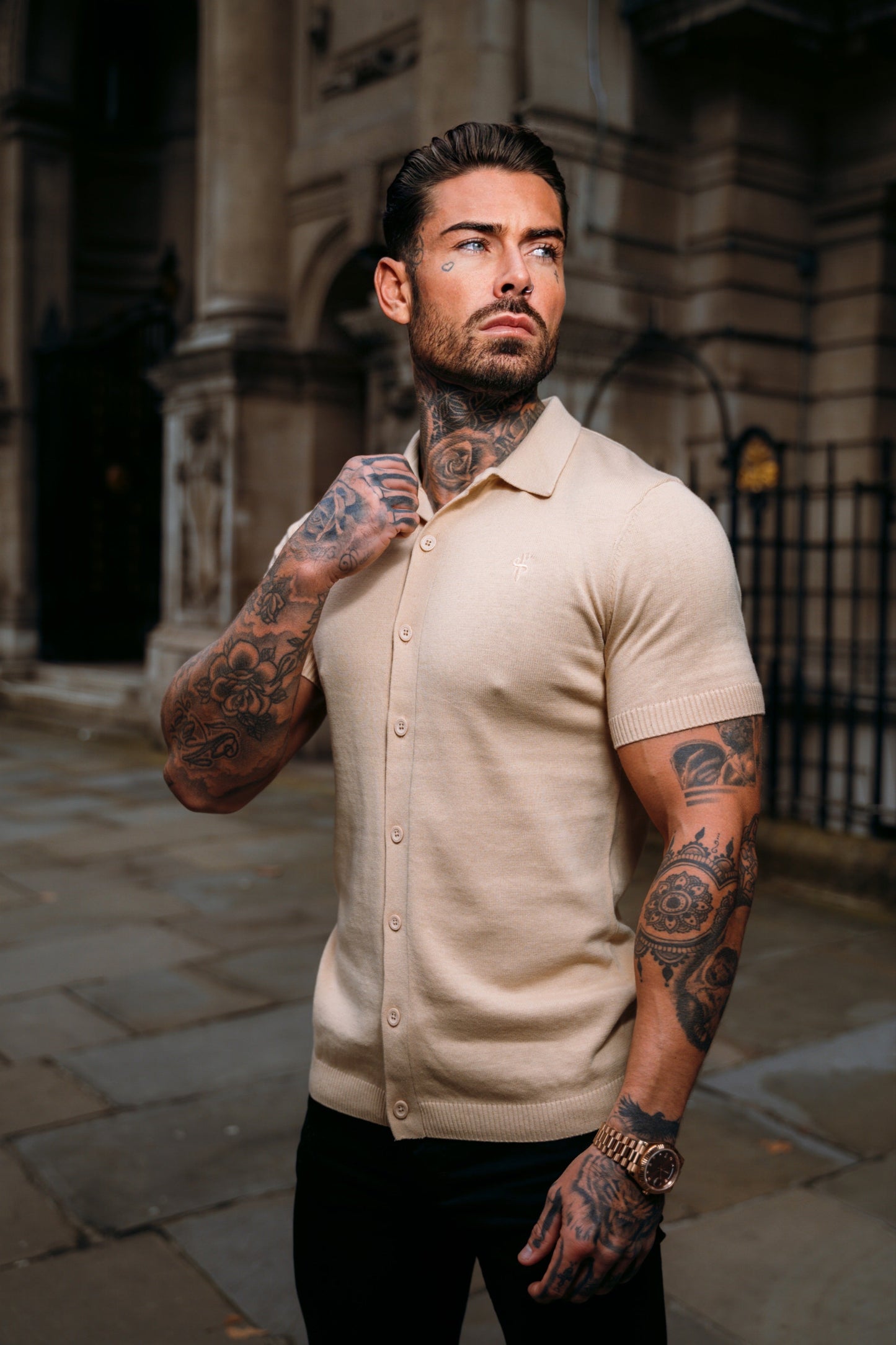 Elevate Your Style with the Father Sons Classic Beige Knitted Short Sleeve Polo – FSN104