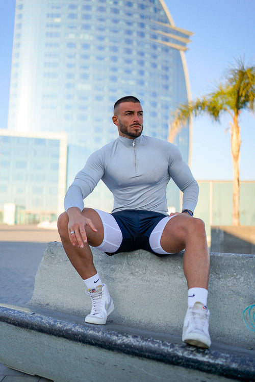 Elevate Your Workout with the Father Sons Light Grey/Silver Half Zip Long Sleeve Gym Top - FSH890