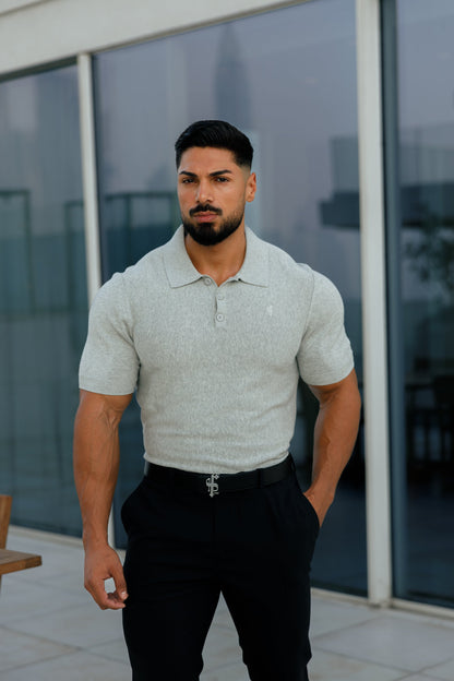 Elevate Your Wardrobe with the Father Sons Classic Light Grey Knitted Polo – Short Sleeve Style (FSN110)