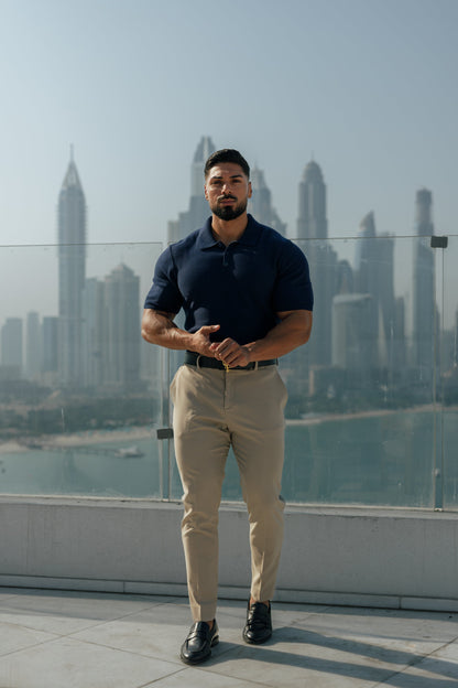 Elegant Navy Knitted Polo Shirt for Men - Short Sleeve Classic by Father Sons - FSN109