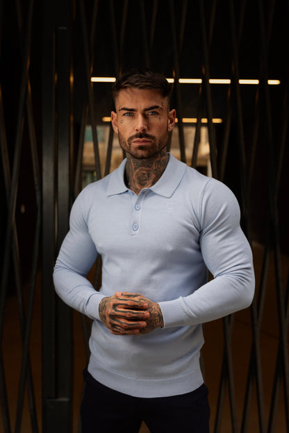 Timeless Pale Blue Knitted Polo Jumper for Men - Long Sleeve with Subtle Tonal FS Embroidery - Model FSN142