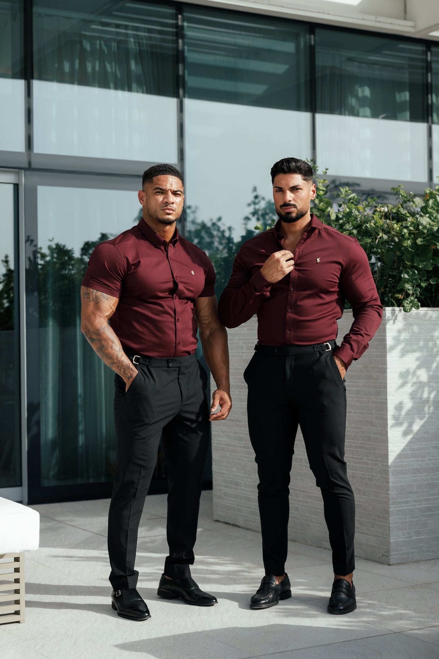 Father Sons Burgundy Super Slim Stretch Denim Shirt with Gold Accents and Button-down Collar - FS1046
