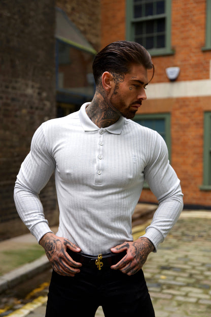 Elevate Your Style with the Father's Sons Light Grey Ribbed Long Sleeve Polo - FSH972