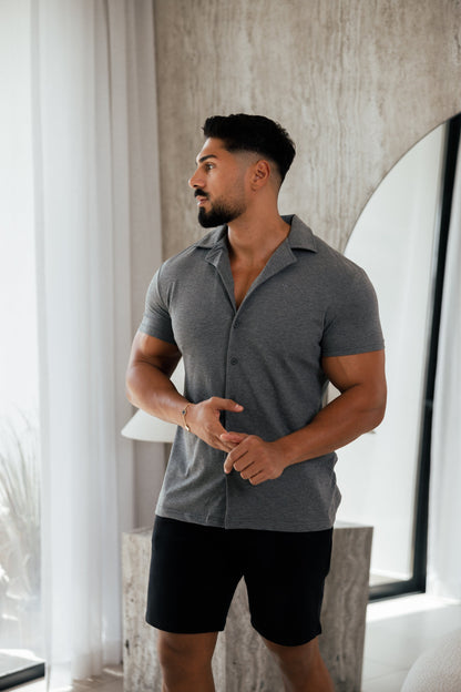 Elevate Your Style with the Father Sons Stretch Dark Grey Pique Revere Short Sleeve Shirt - FSH1073